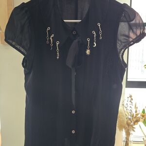 Hell Bunny Black Sheer Blouse with Celestial Charms